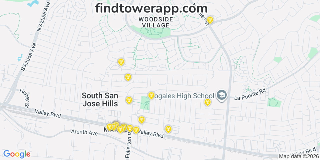 Map showing the 20 primary Verizon cell tower locations detected in Los Angeles, Nevada with coverage radius and signal strength indicators