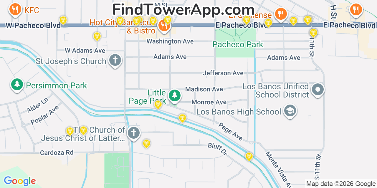 Map showing the 20 primary cell tower locations detected in Los Banos, California from AT&T, Verizon, and T-Mobile networks