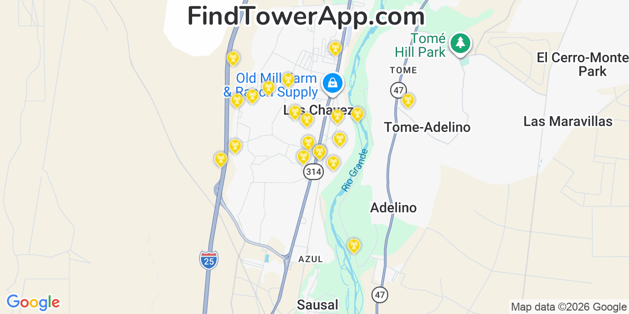 Map showing the 20 primary cell tower locations detected in Los Chavez, New Mexico from AT&T, Verizon, and T-Mobile networks