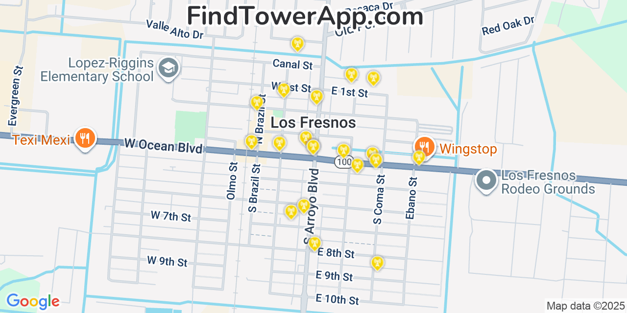 Map showing the 20 primary cell tower locations detected in Los Fresnos, Texas from AT&T, Verizon, and T-Mobile networks