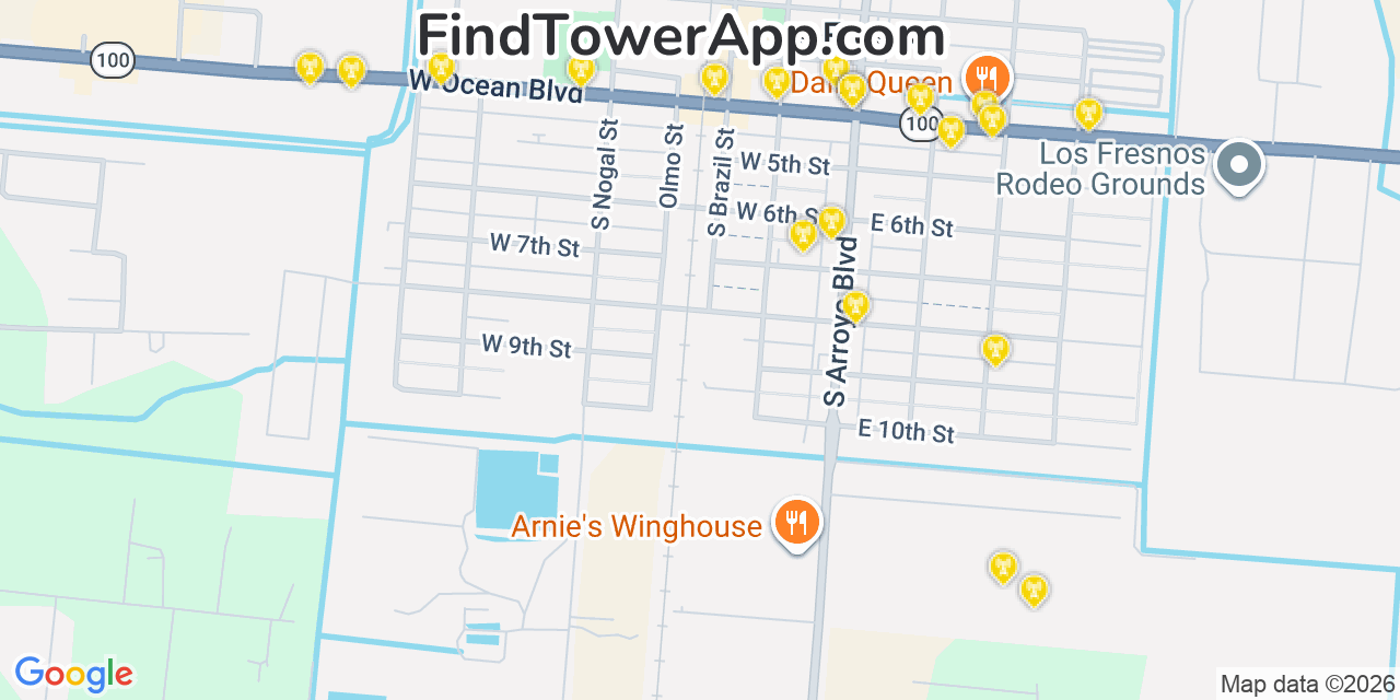 Map showing the 20 primary cell tower locations detected in Los Fresnos, Texas from AT&T, Verizon, and T-Mobile networks