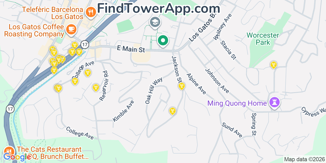 Map showing the 20 primary cell tower locations detected in Los Gatos, California from AT&T, Verizon, and T-Mobile networks