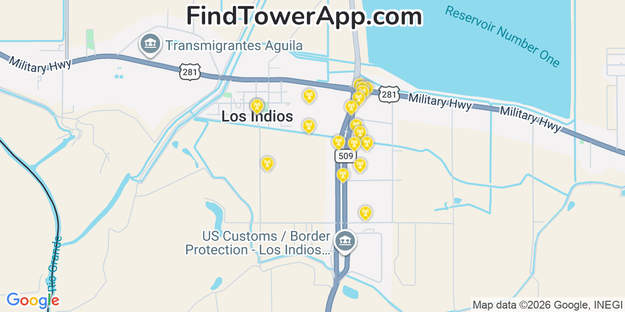 Map showing the 20 primary cell tower locations detected in Los Indios, Texas from AT&T, Verizon, and T-Mobile networks