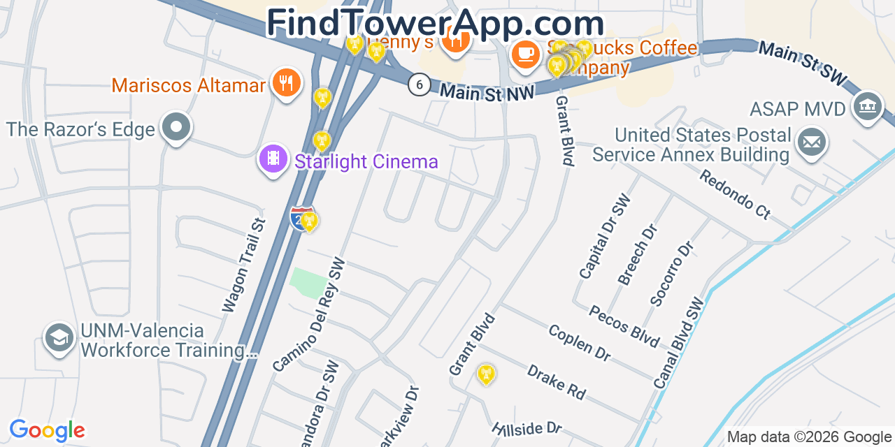 Map showing the 20 primary cell tower locations detected in Los Lunas, New Mexico from AT&T, Verizon, and T-Mobile networks