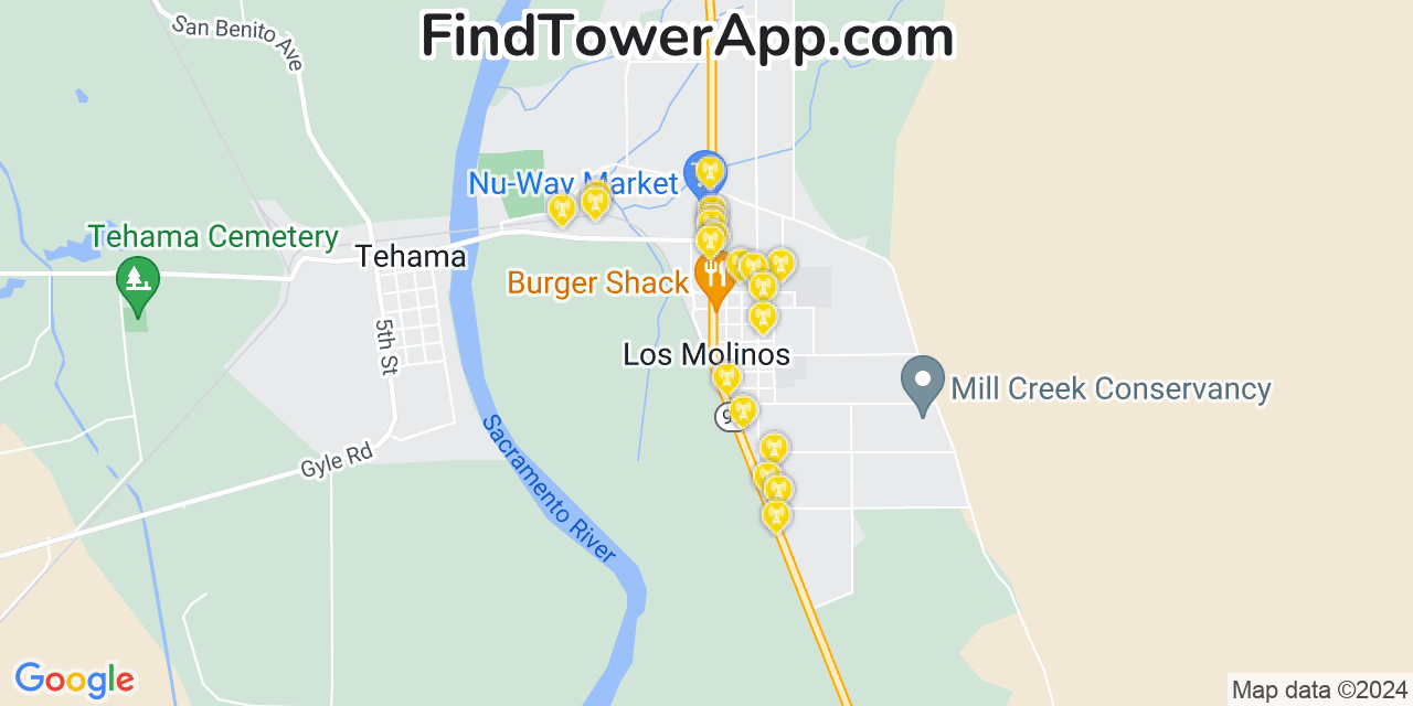 AT&T 4G/5G cell tower coverage map Los Molinos, California