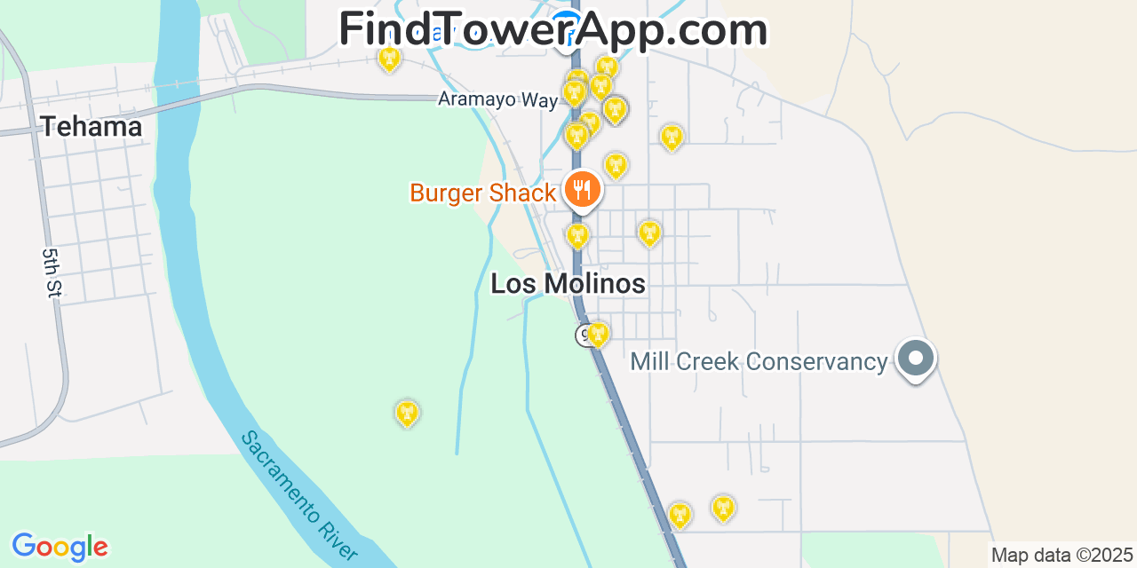 Map showing the 20 primary cell tower locations detected in Los Molinos, California from AT&T, Verizon, and T-Mobile networks