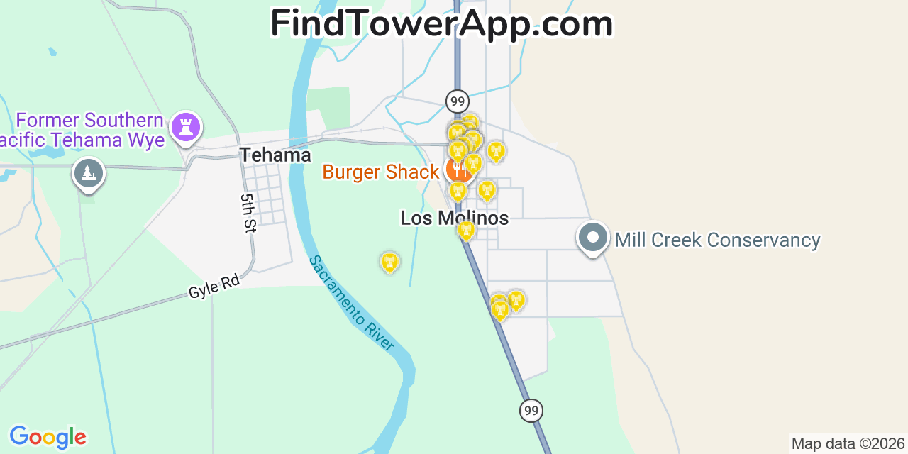 Map showing the 20 primary cell tower locations detected in Los Molinos, California from AT&T, Verizon, and T-Mobile networks