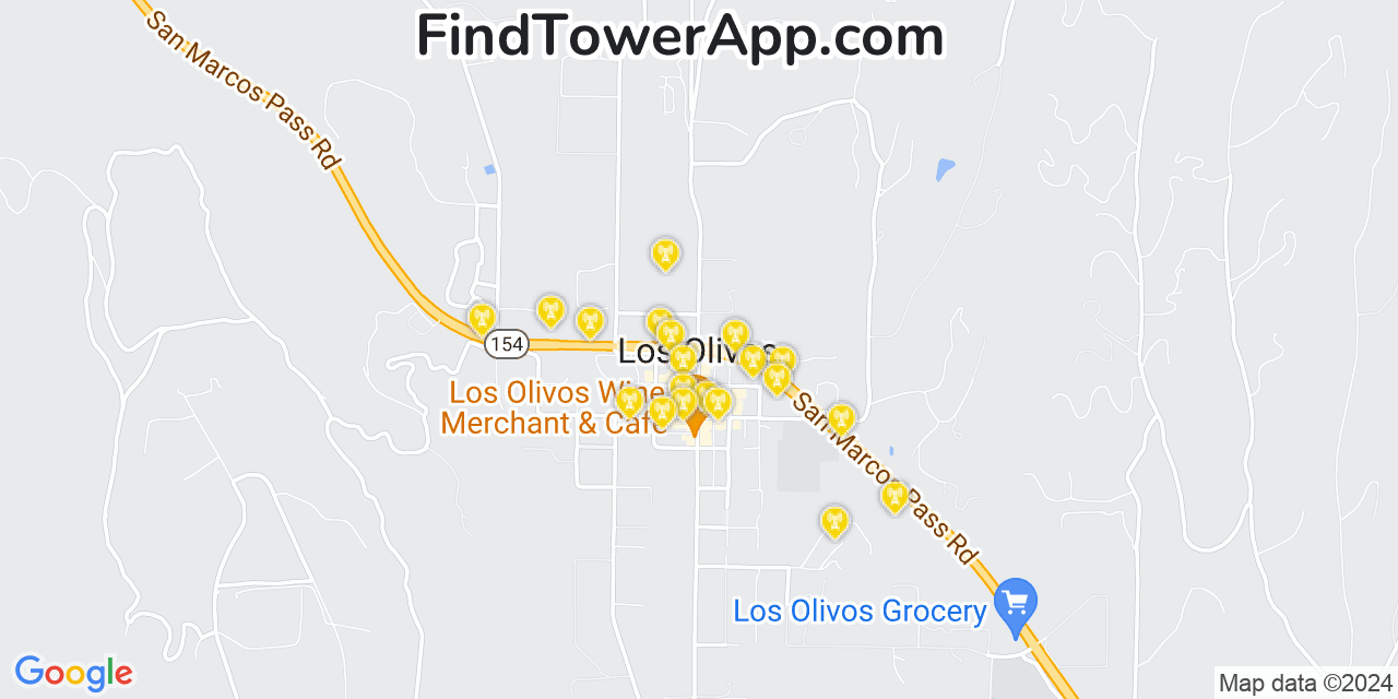 AT&T 4G/5G cell tower coverage map Los Olivos, California