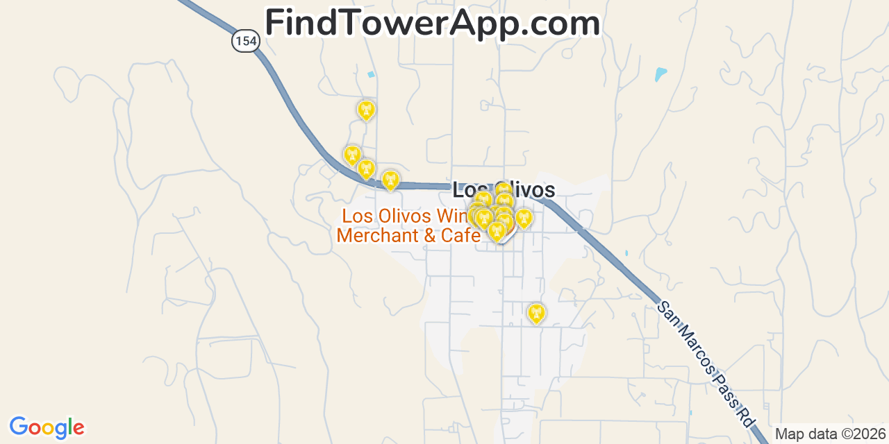 Map showing the 20 primary cell tower locations detected in Los Olivos, California from AT&T, Verizon, and T-Mobile networks