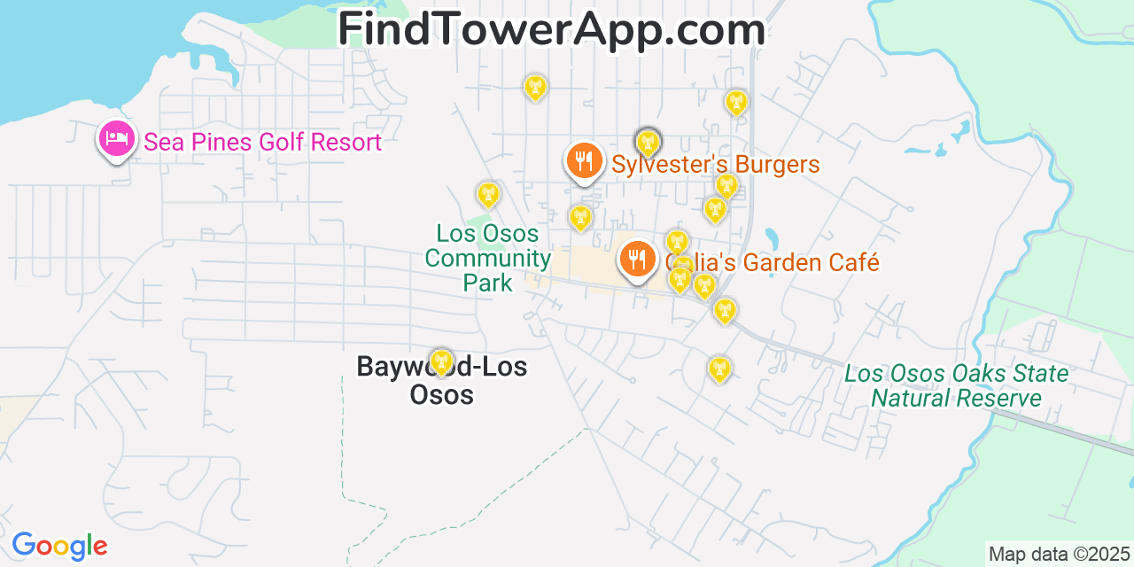 Map showing the 20 primary cell tower locations detected in Los Osos, California from AT&T, Verizon, and T-Mobile networks