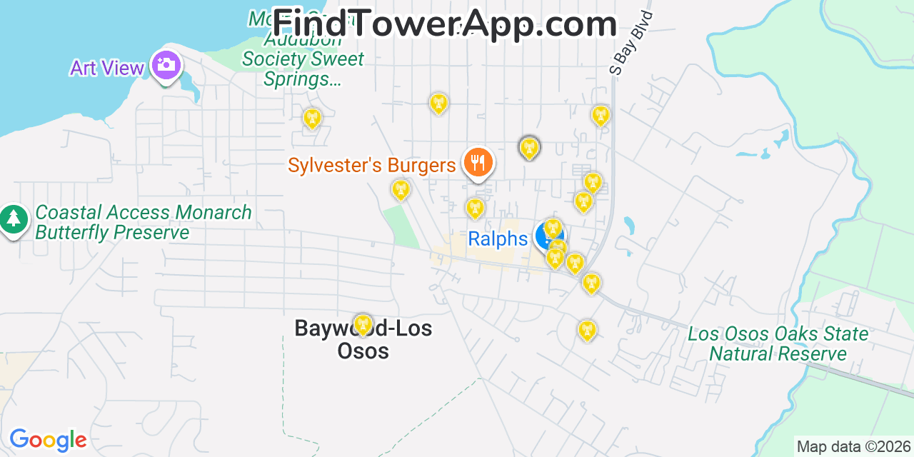 Map showing the 20 primary cell tower locations detected in Los Osos, California from AT&T, Verizon, and T-Mobile networks