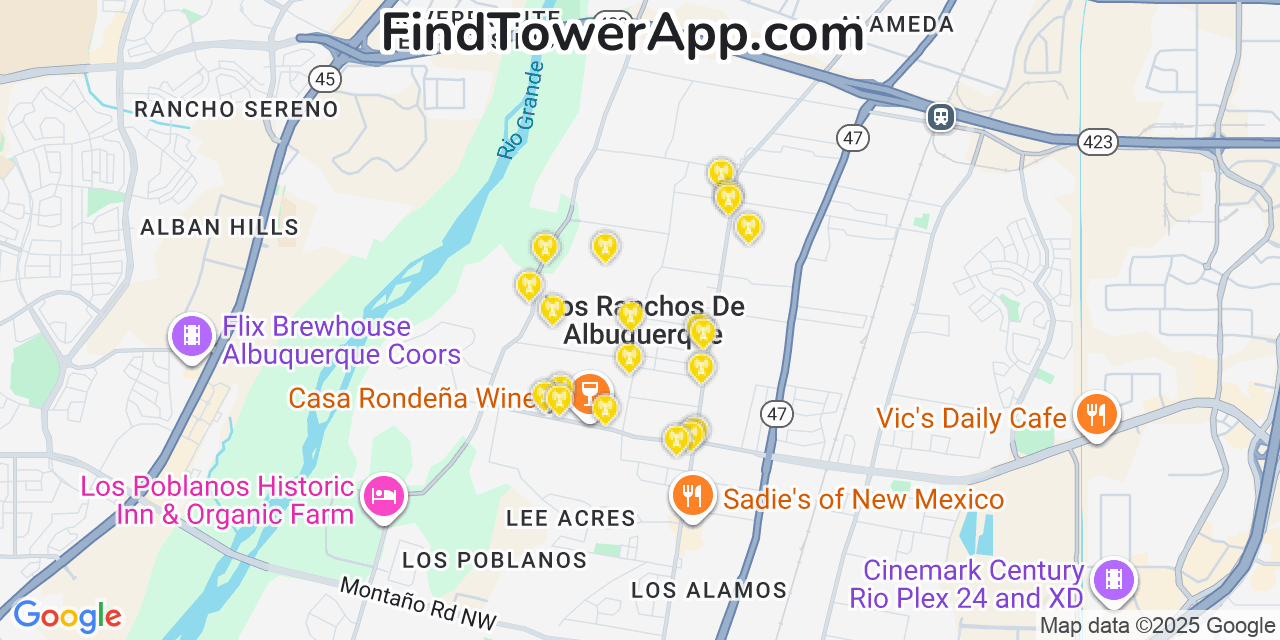 Map showing the 20 primary AT&T cell tower locations detected in Los Ranchos De Albuquerque, New Mexico with coverage radius and signal strength indicators