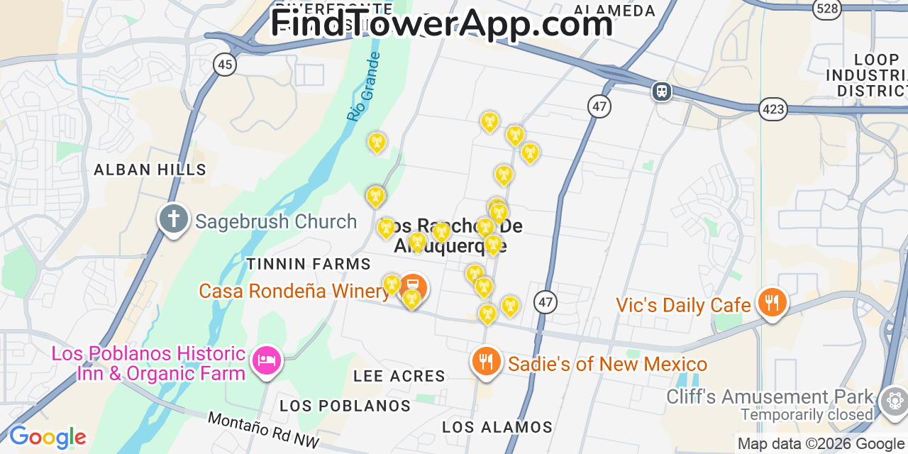 Map showing the 20 primary cell tower locations detected in Los Ranchos De Albuquerque, New Mexico from AT&T, Verizon, and T-Mobile networks