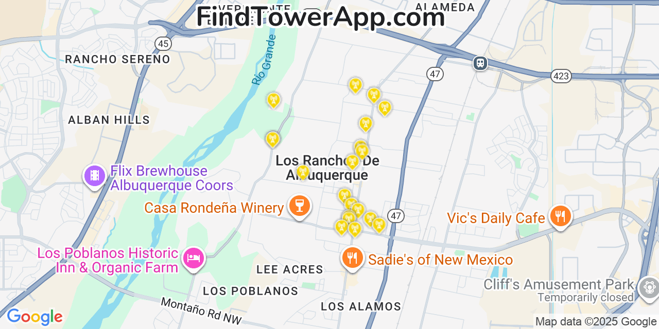 Map showing the 20 primary T-Mobile cell tower locations detected in Los Ranchos De Albuquerque, New Mexico with coverage radius and signal strength indicators