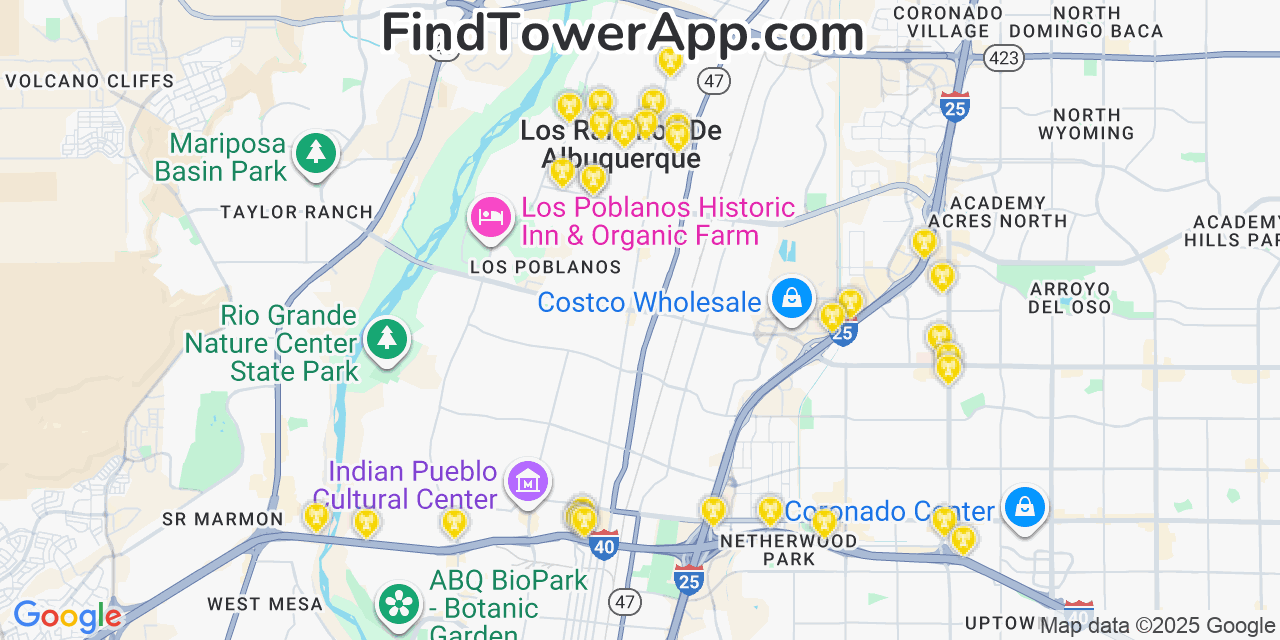 Map showing the 31 primary Verizon cell tower locations detected in Los Ranchos De Albuquerque, New Mexico with coverage radius and signal strength indicators