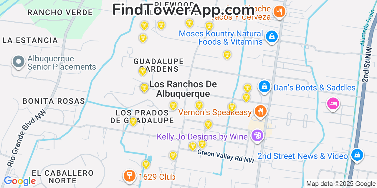 Map showing the 20 primary cell tower locations detected in Los Ranchos de Albuquerque, New Mexico from AT&T, Verizon, and T-Mobile networks