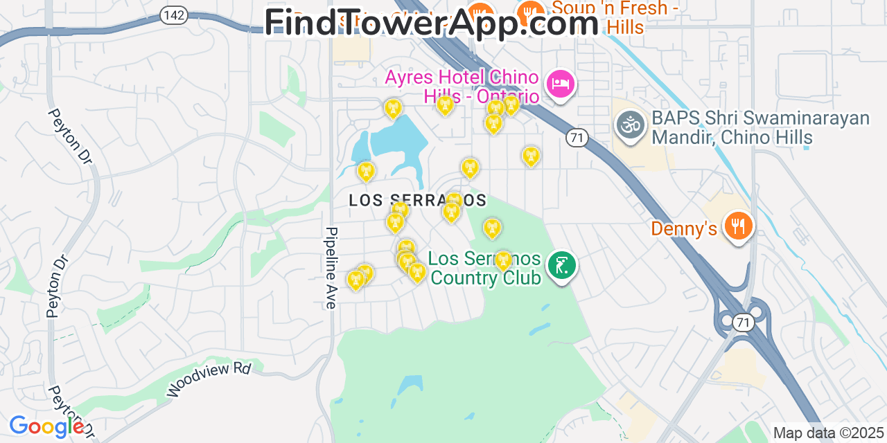 Map showing the 20 primary cell tower locations detected in Los Serranos, California from AT&T, Verizon, and T-Mobile networks