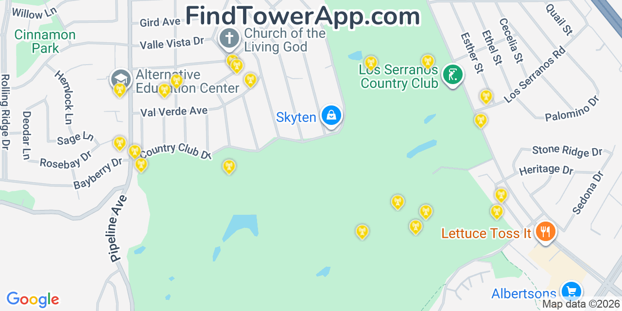 Map showing the 20 primary cell tower locations detected in Los Serranos, California from AT&T, Verizon, and T-Mobile networks