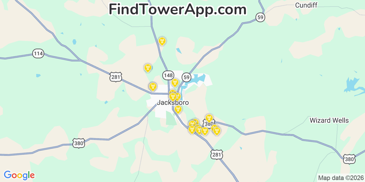 Map showing the 20 primary cell tower locations detected in Lost Creek, Texas from AT&T, Verizon, and T-Mobile networks