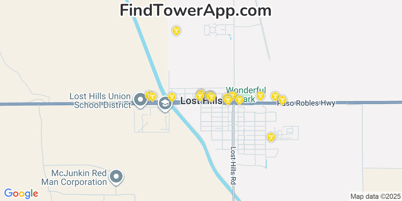 Map showing the 20 primary cell tower locations detected in Lost Hills, California from AT&T, Verizon, and T-Mobile networks