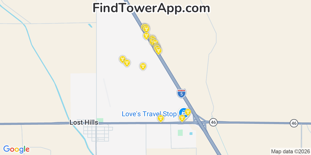 Map showing the 20 primary cell tower locations detected in Lost Hills, California from AT&T, Verizon, and T-Mobile networks