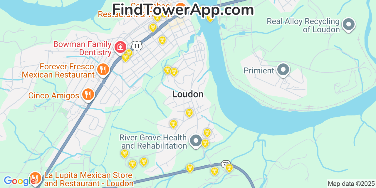 Map showing the 20 primary cell tower locations detected in Loudon, Tennessee from AT&T, Verizon, and T-Mobile networks