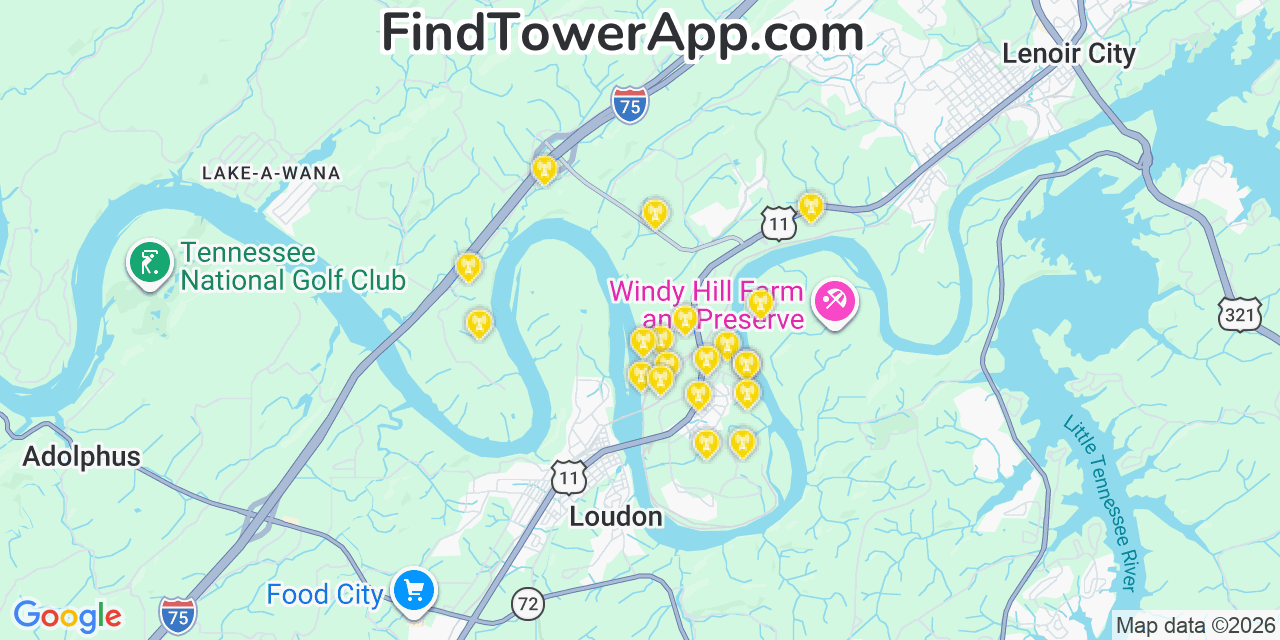 Map showing the 20 primary cell tower locations detected in Loudon, Tennessee from AT&T, Verizon, and T-Mobile networks
