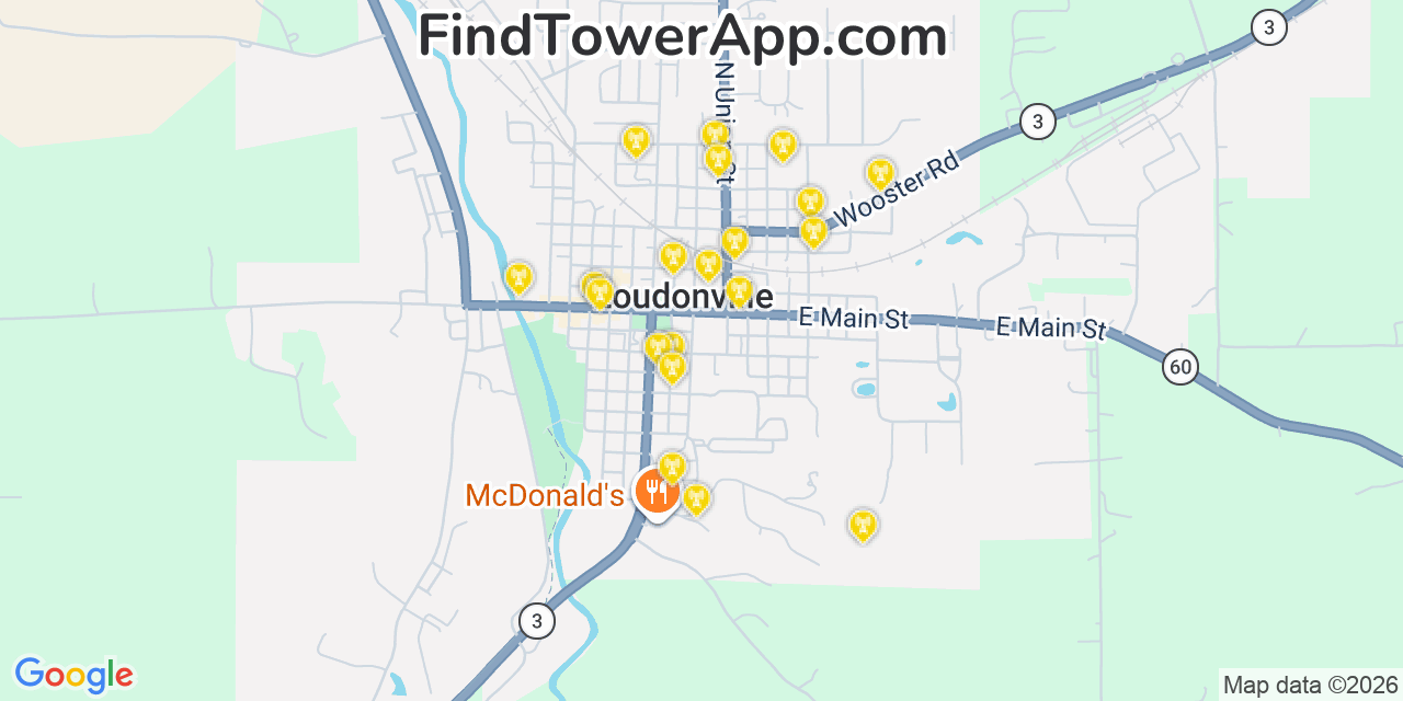 Map showing the 20 primary cell tower locations detected in Loudonville, Ohio from AT&T, Verizon, and T-Mobile networks