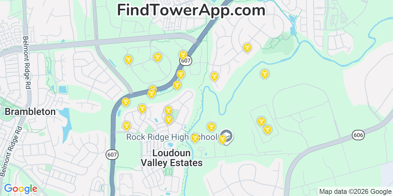 Map showing the 20 primary cell tower locations detected in Loudoun Valley Estates, Virginia from AT&T, Verizon, and T-Mobile networks