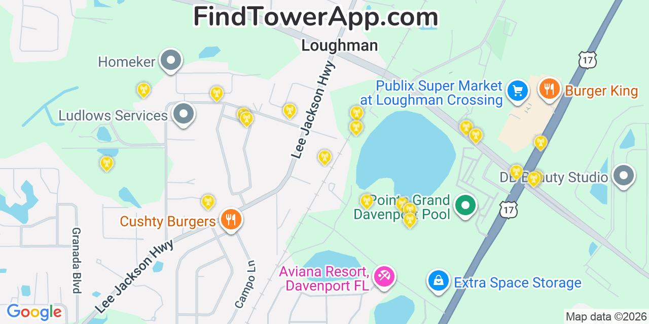 Map showing the 20 primary cell tower locations detected in Loughman, Florida from AT&T, Verizon, and T-Mobile networks