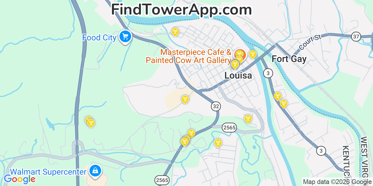 Map showing the 20 primary cell tower locations detected in Louisa, Kentucky from AT&T, Verizon, and T-Mobile networks