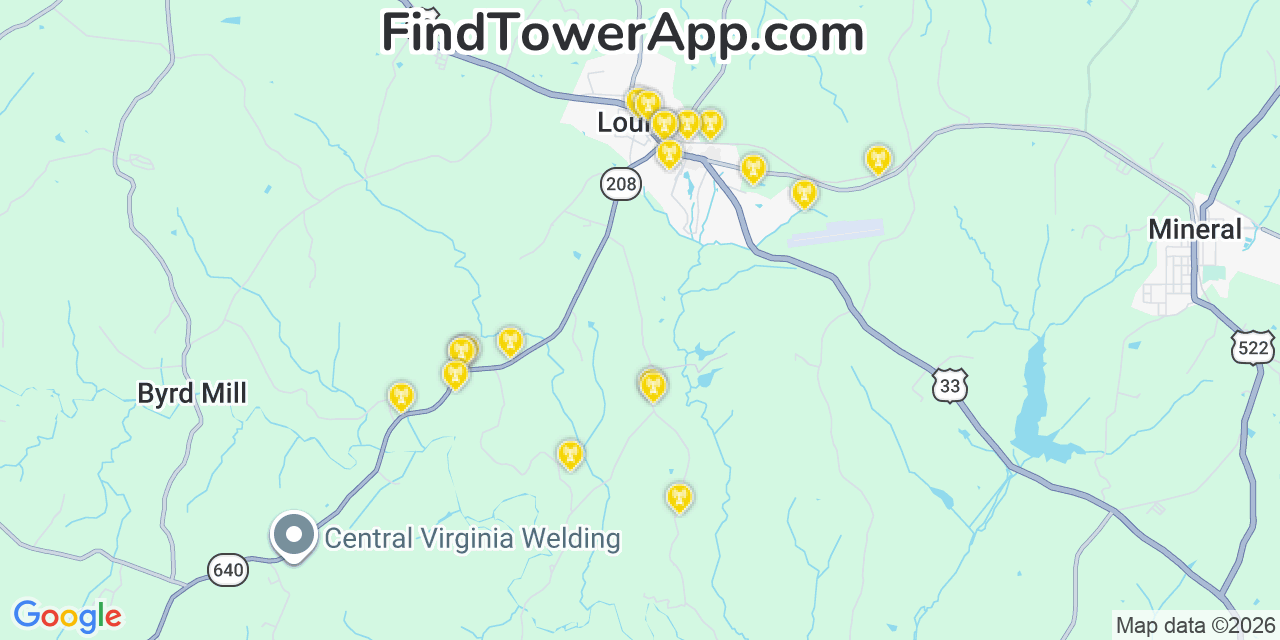 Map showing the 20 primary cell tower locations detected in Louisa, Virginia from AT&T, Verizon, and T-Mobile networks