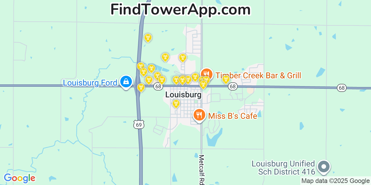 Map showing the 20 primary cell tower locations detected in Louisburg, Kansas from AT&T, Verizon, and T-Mobile networks
