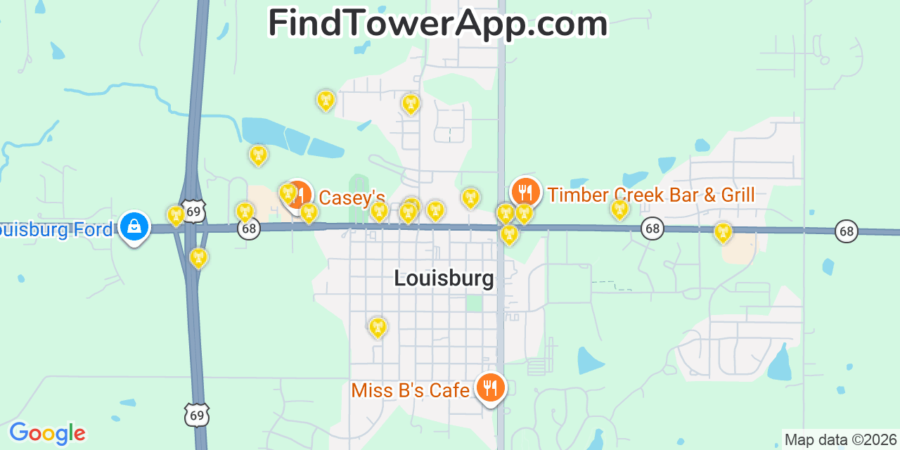 Map showing the 20 primary cell tower locations detected in Louisburg, Kansas from AT&T, Verizon, and T-Mobile networks