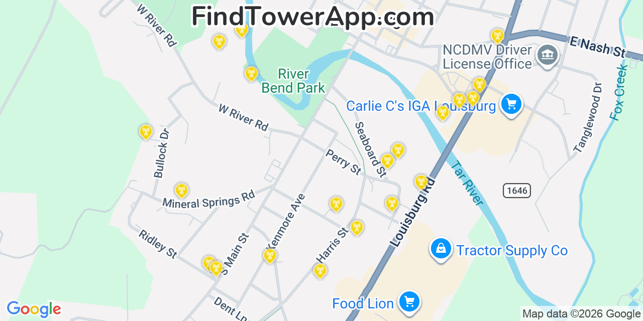 Map showing the 20 primary cell tower locations detected in Louisburg, North Carolina from AT&T, Verizon, and T-Mobile networks