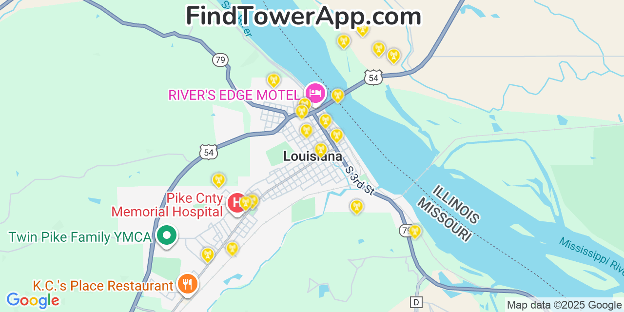 Map showing the 20 primary cell tower locations detected in Louisiana, Missouri from AT&T, Verizon, and T-Mobile networks