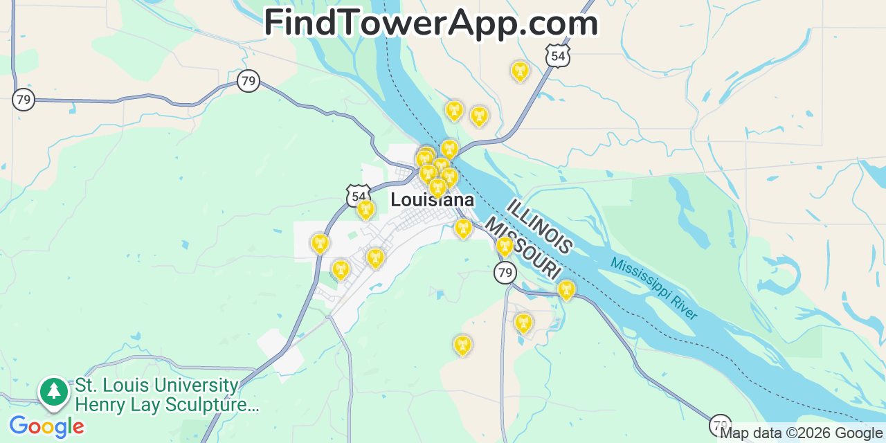 Map showing the 20 primary cell tower locations detected in Louisiana, Missouri from AT&T, Verizon, and T-Mobile networks