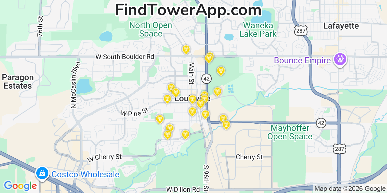 Map showing the 20 primary cell tower locations detected in Louisville, Colorado from AT&T, Verizon, and T-Mobile networks
