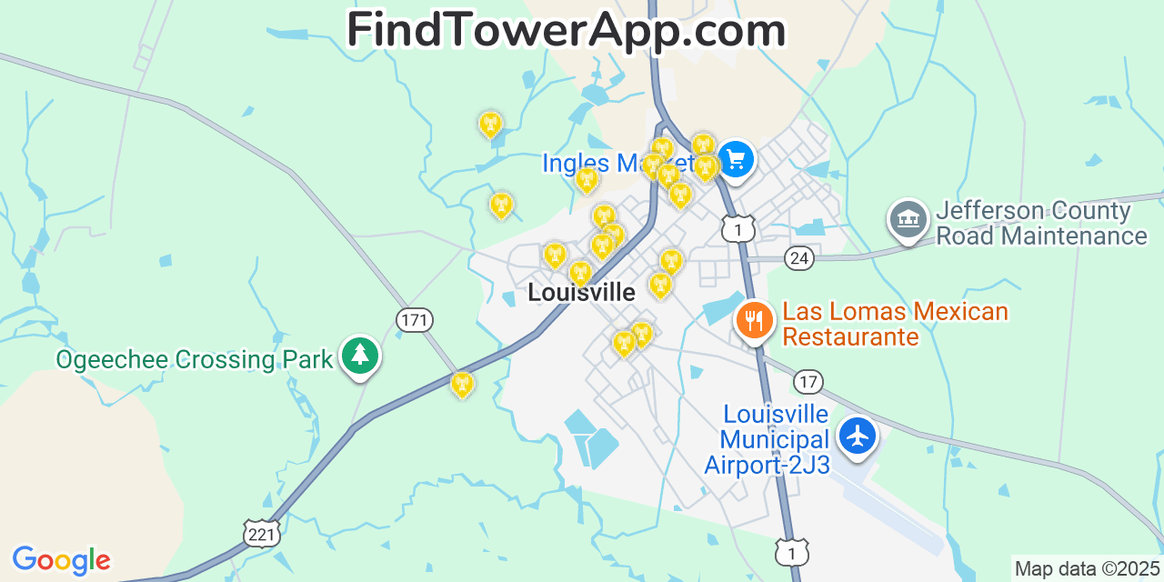 Map showing the 20 primary cell tower locations detected in Louisville, Georgia from AT&T, Verizon, and T-Mobile networks