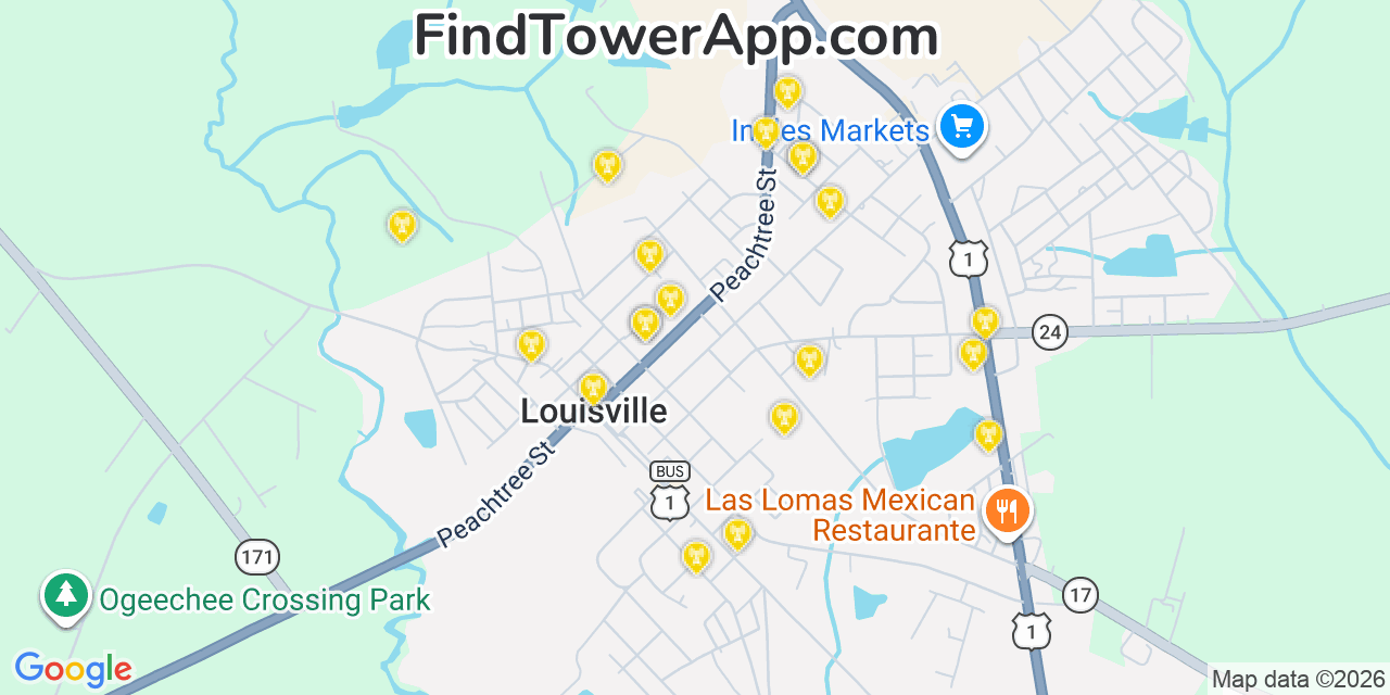 Map showing the 20 primary cell tower locations detected in Louisville, Georgia from AT&T, Verizon, and T-Mobile networks