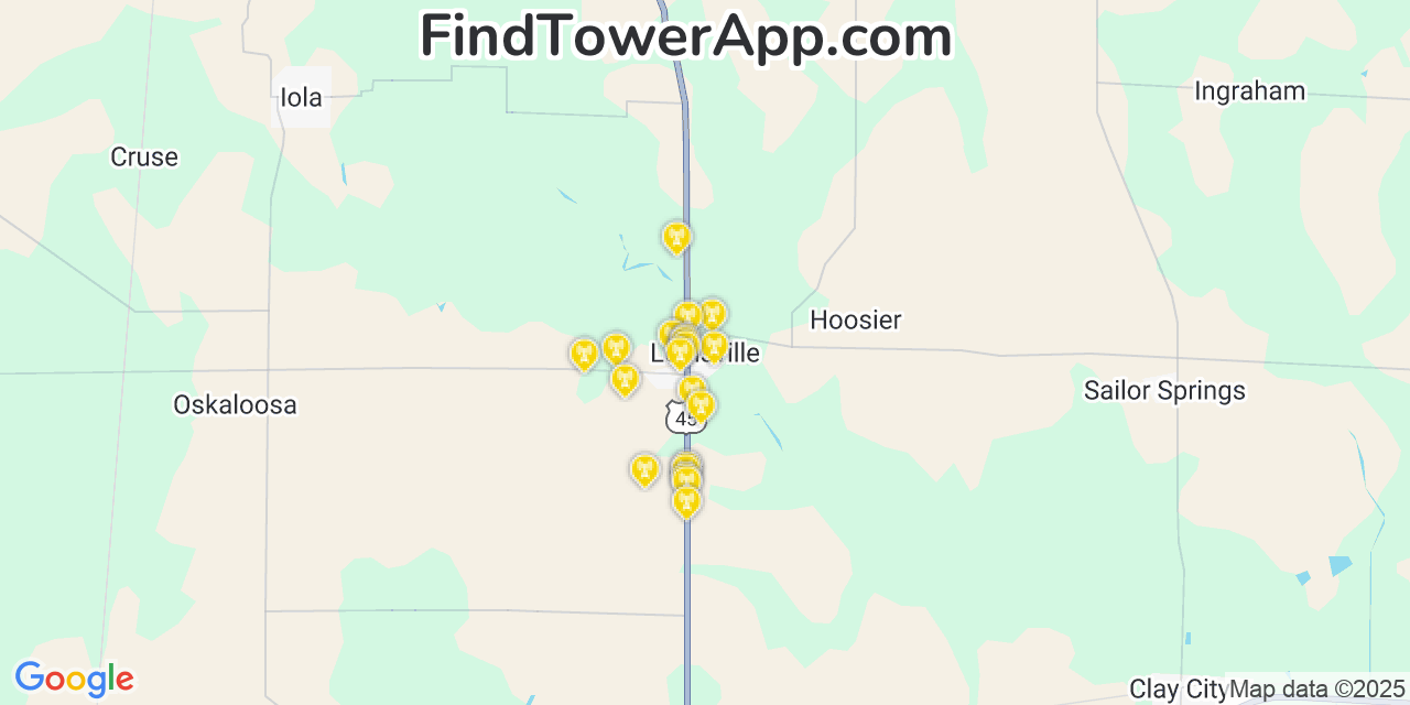 Map showing the 20 primary cell tower locations detected in Louisville, Illinois from AT&T, Verizon, and T-Mobile networks