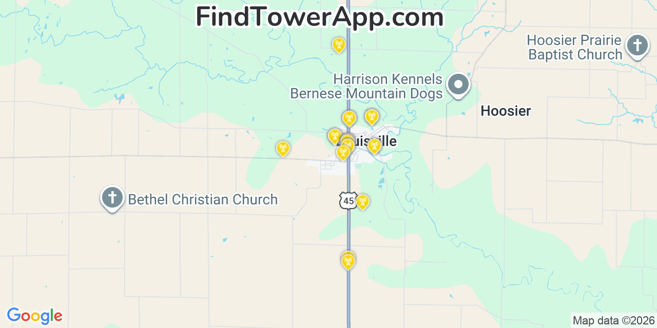 Map showing the 20 primary cell tower locations detected in Louisville, Illinois from AT&T, Verizon, and T-Mobile networks