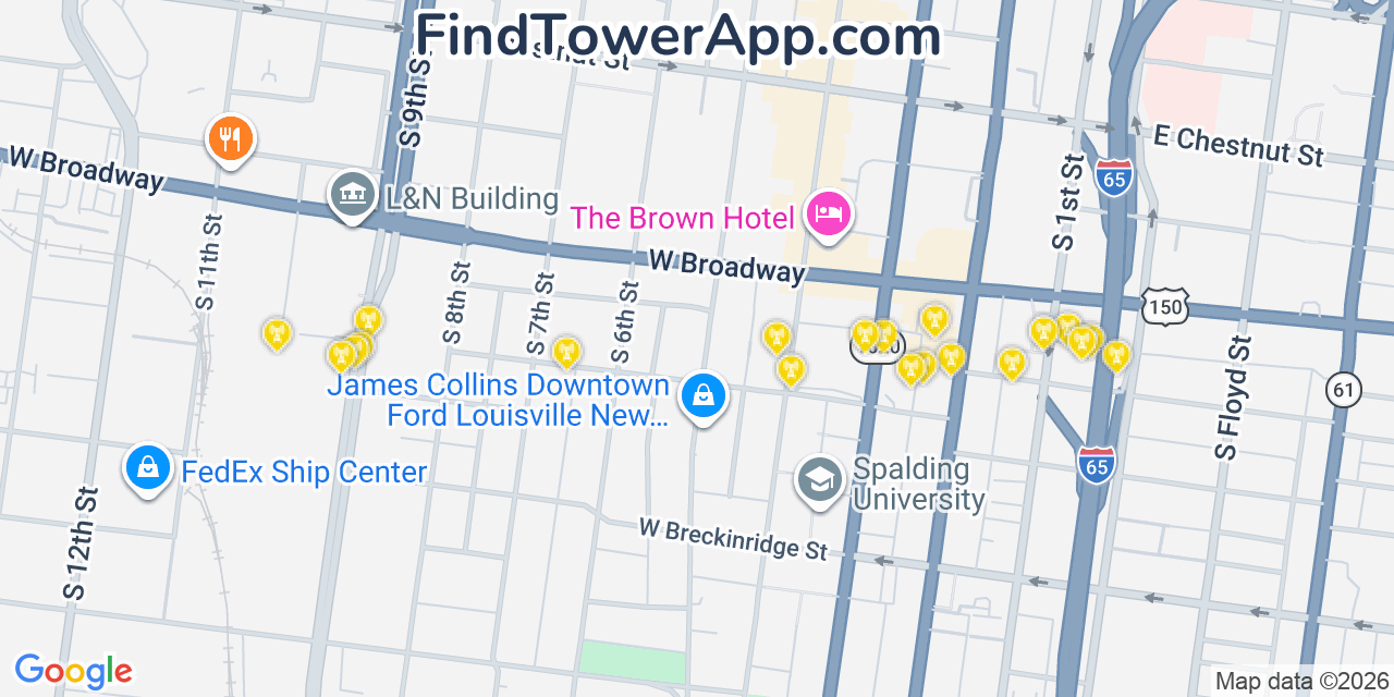 Map showing the 20 primary cell tower locations detected in Louisville, Kentucky from AT&T, Verizon, and T-Mobile networks