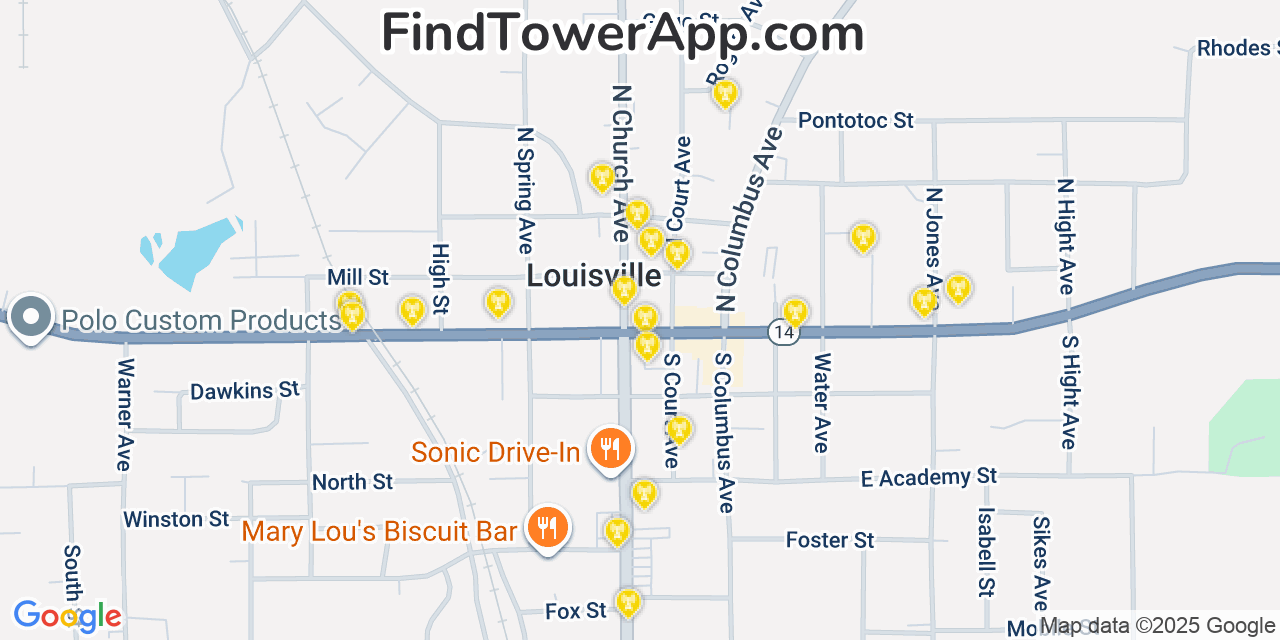 Map showing the 20 primary cell tower locations detected in Louisville, Mississippi from AT&T, Verizon, and T-Mobile networks