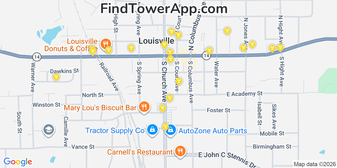 Map showing the 20 primary cell tower locations detected in Louisville, Mississippi from AT&T, Verizon, and T-Mobile networks