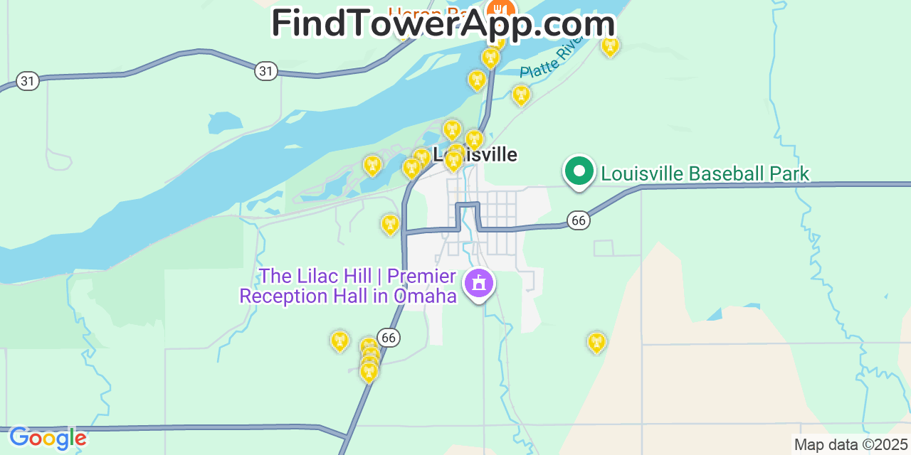 Map showing the 20 primary cell tower locations detected in Louisville, Nebraska from AT&T, Verizon, and T-Mobile networks