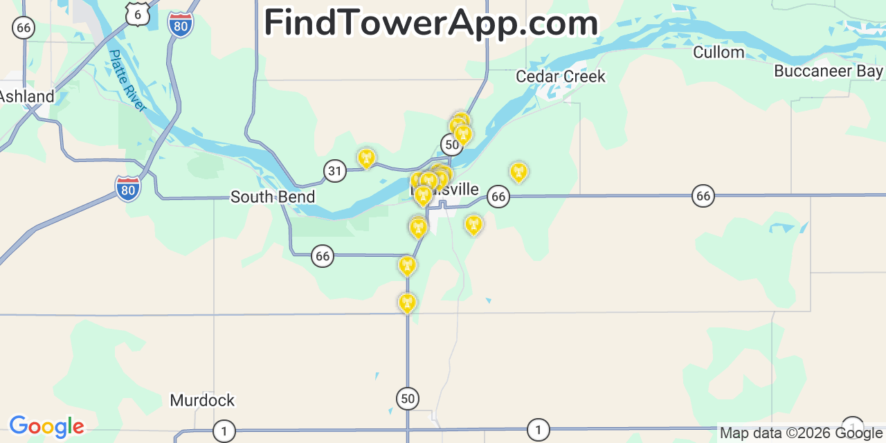 Map showing the 20 primary cell tower locations detected in Louisville, Nebraska from AT&T, Verizon, and T-Mobile networks