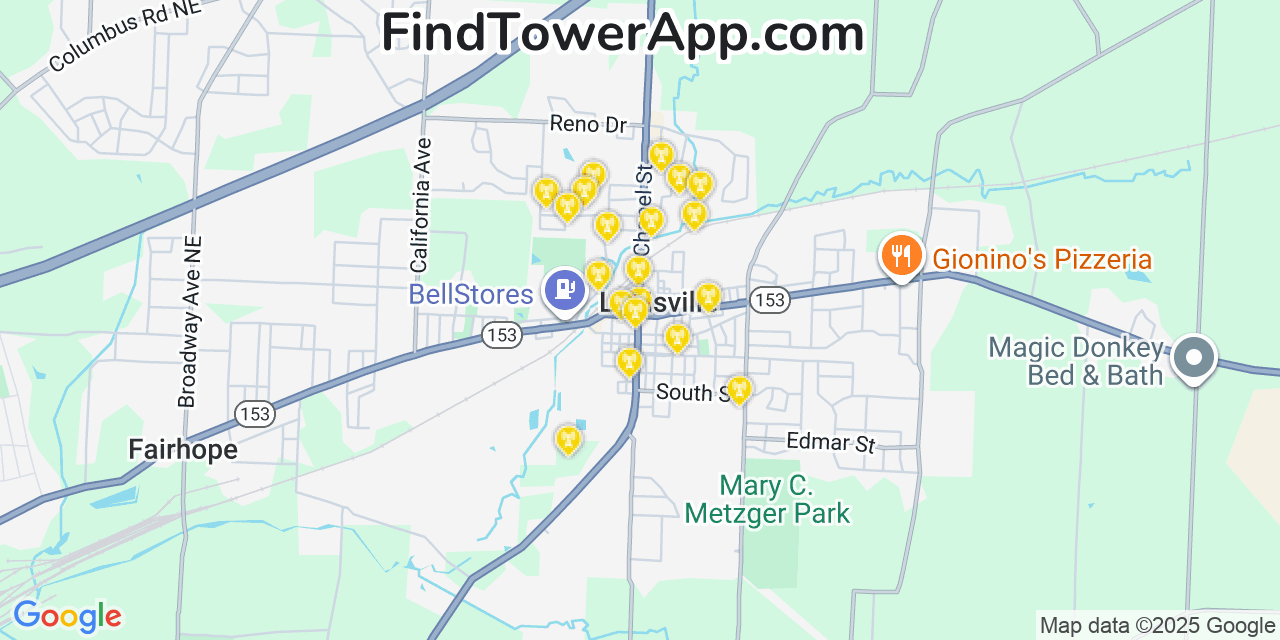 Map showing the 20 primary cell tower locations detected in Louisville, Ohio from AT&T, Verizon, and T-Mobile networks