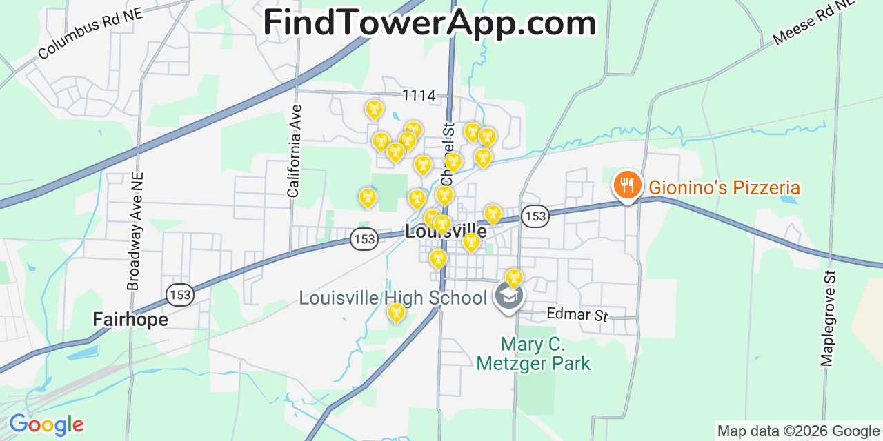Map showing the 20 primary cell tower locations detected in Louisville, Ohio from AT&T, Verizon, and T-Mobile networks