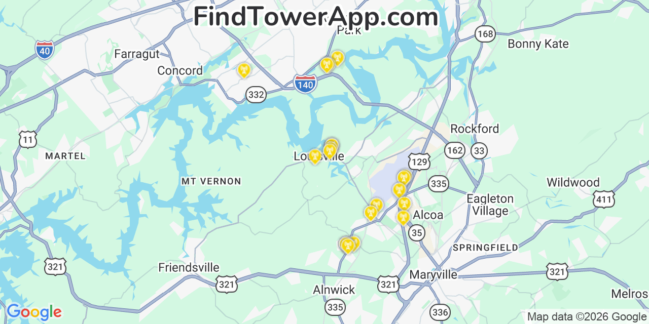 Map showing the 20 primary cell tower locations detected in Louisville, Tennessee from AT&T, Verizon, and T-Mobile networks